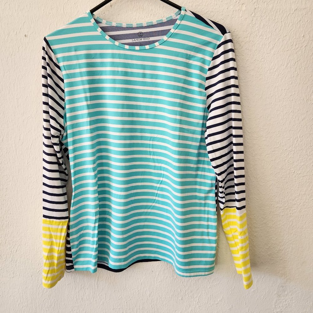 Lands End Rashguard Womens Large Striped Turquoise Long Sleeve
